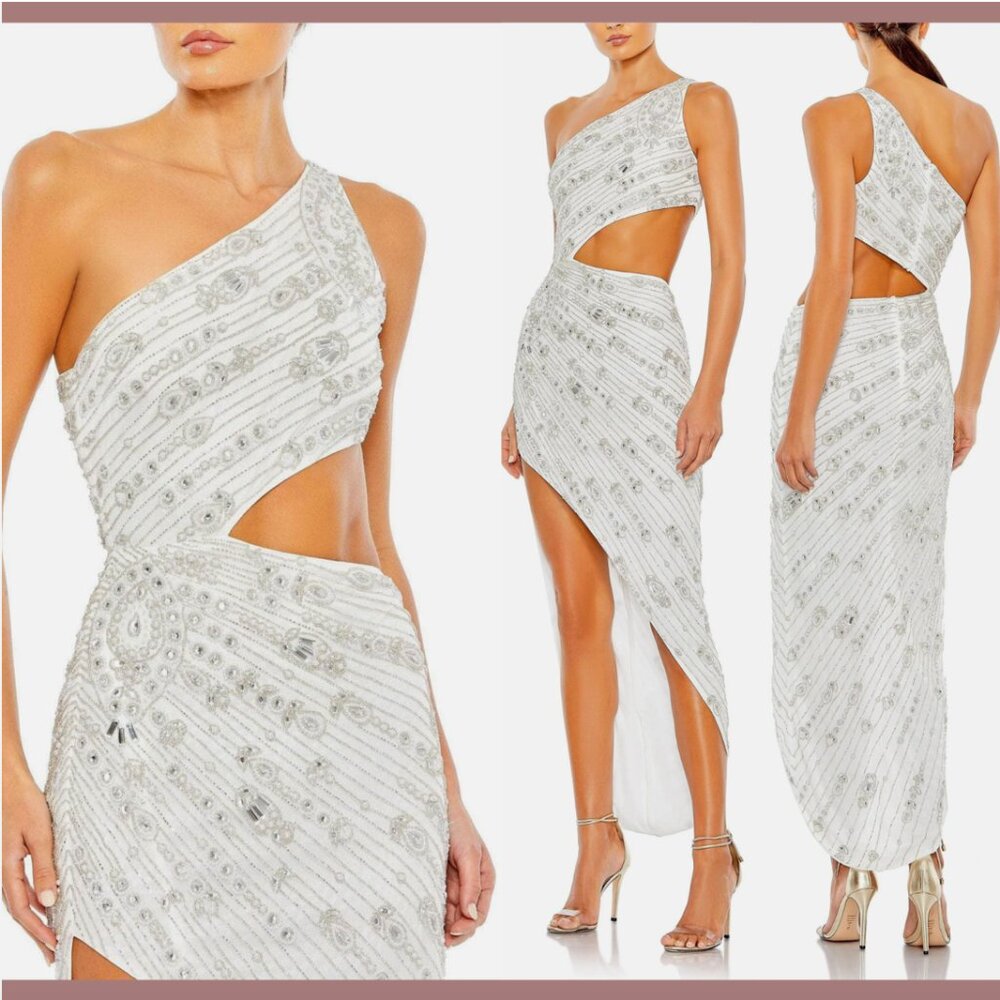 NWT Mac Duggal [ 10 ] High-Low One Shoulder Cut Out Evening Gown in White‎ #Q717